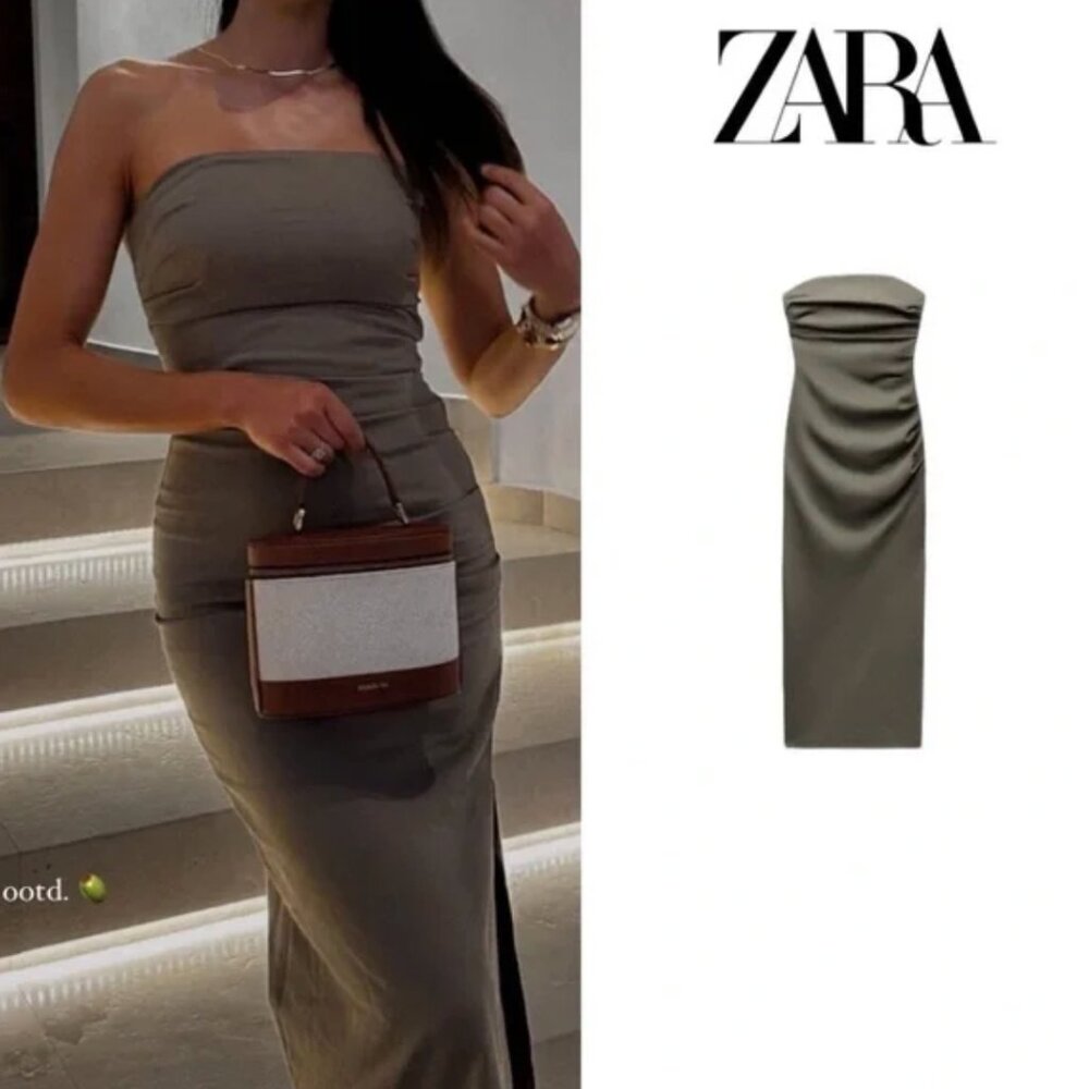 ZARA DRAPED MIDI DRESS KHAKI